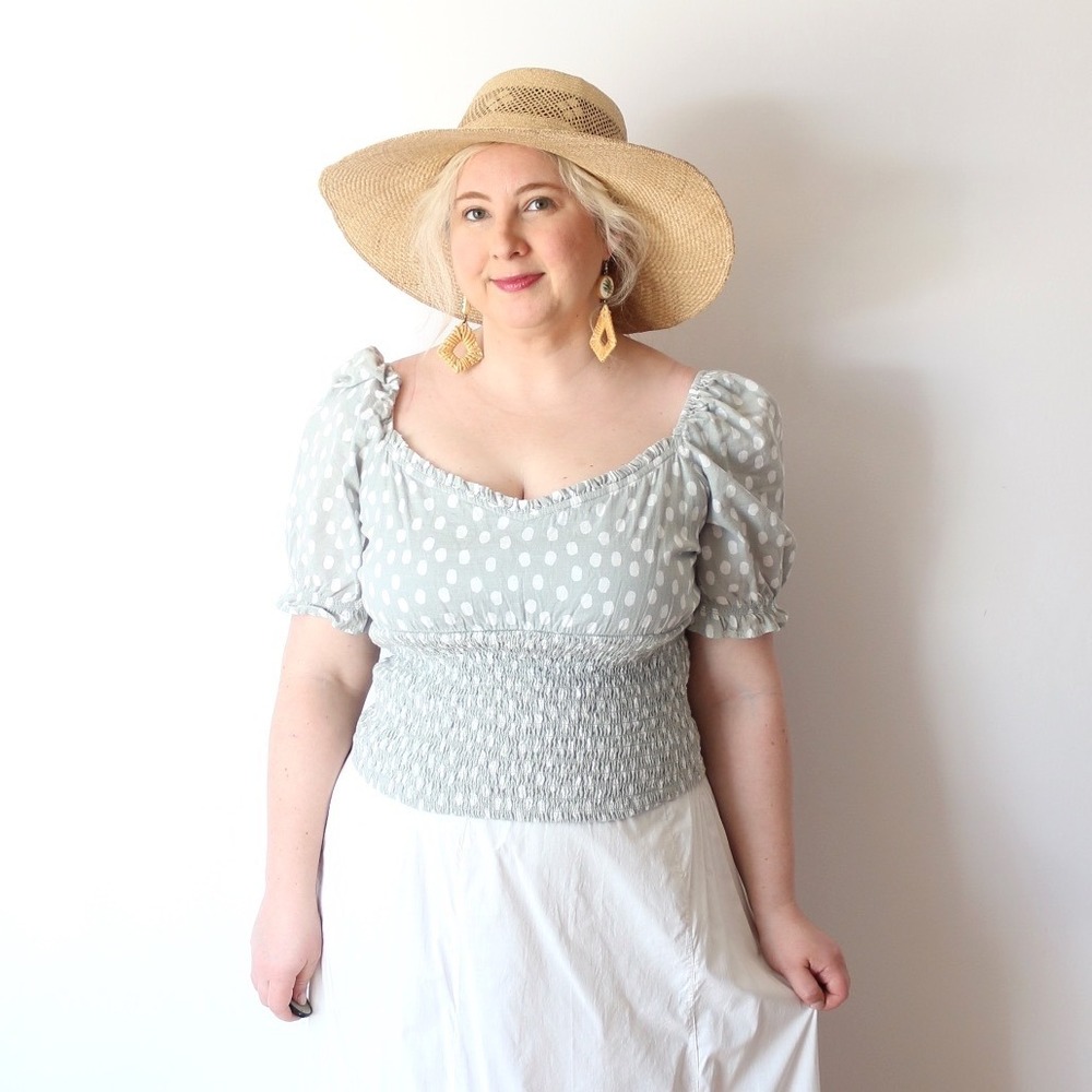 Abercrombie & Fitch Puff Sleeve Top Sage Green Polka Dot Smocked Milkmaid XL